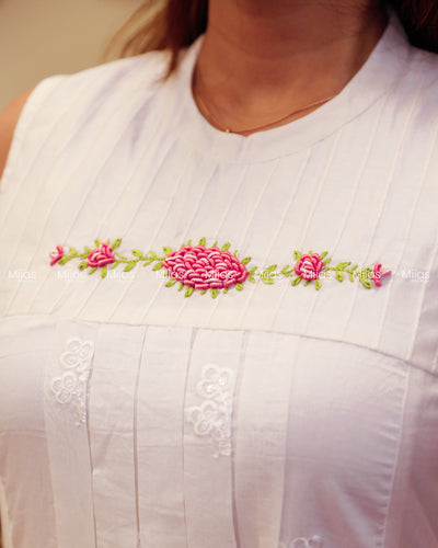 Mul Chanderi 3-Panel Dress Kurti | Bullion Rose + Cutwork | Off-white & Pink