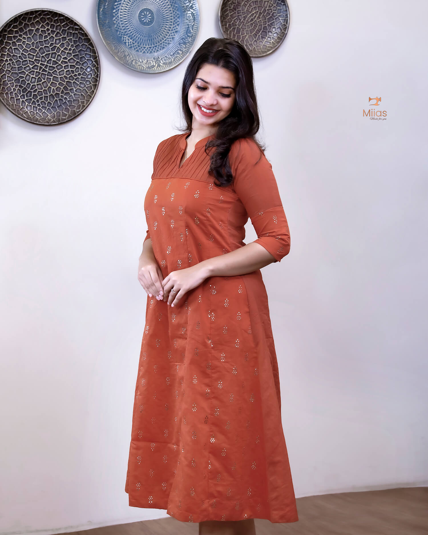Mul Chanderi Five-Panel Dress Kurti: Gold Mukesh Work-Rust Orange.