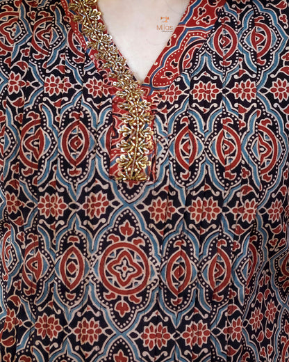 Ajrakh Cotton A-Line Kurti | Overlap Collar | Brick Red