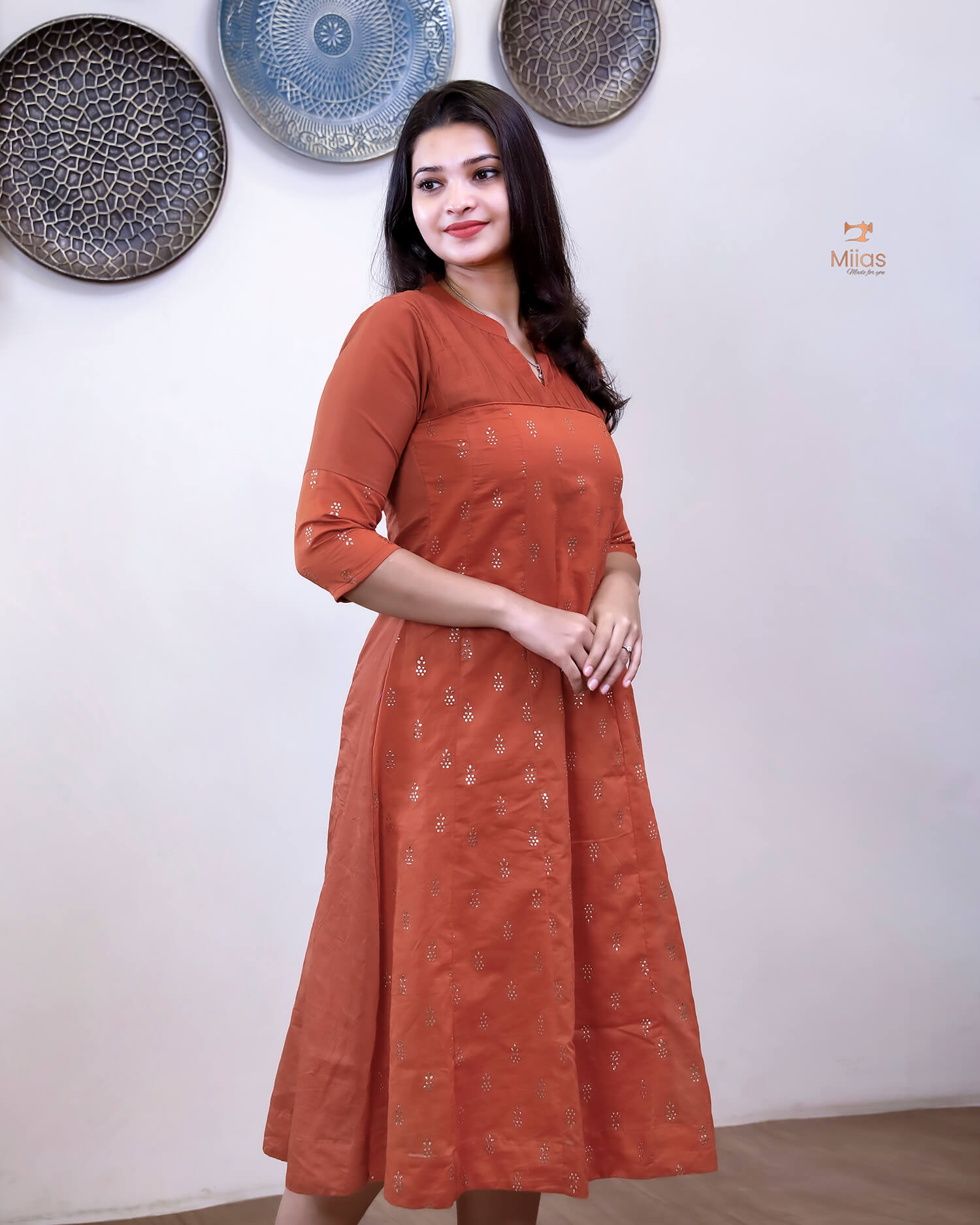 Mul Chanderi Five-Panel Dress Kurti: Gold Mukesh Work-Rust Orange.