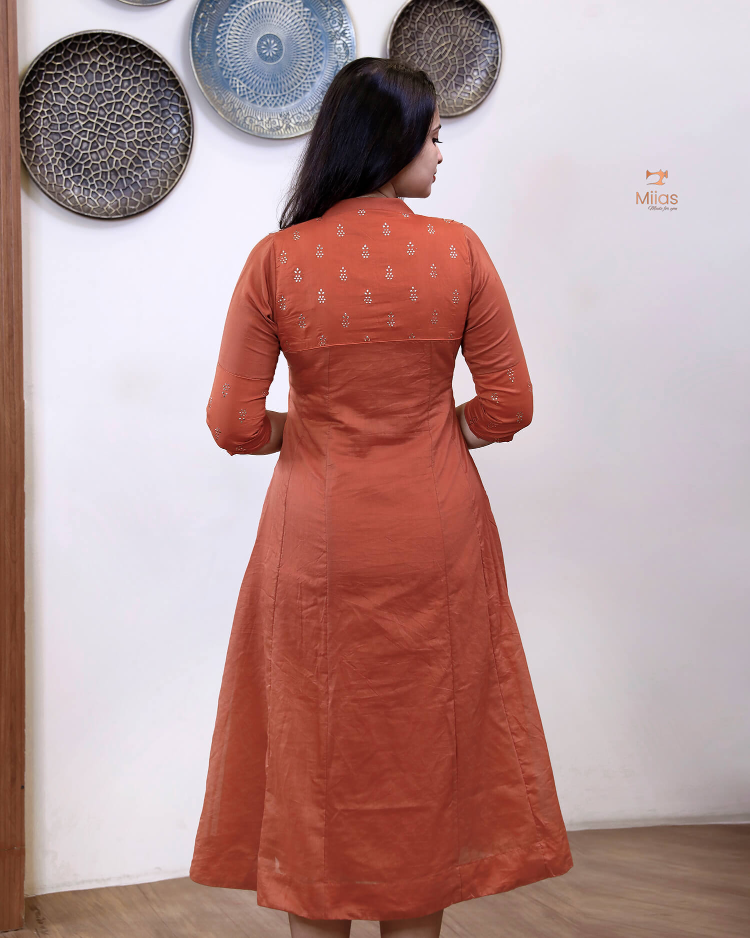 Mul Chanderi Five-Panel Dress Kurti: Gold Mukesh Work-Rust Orange.