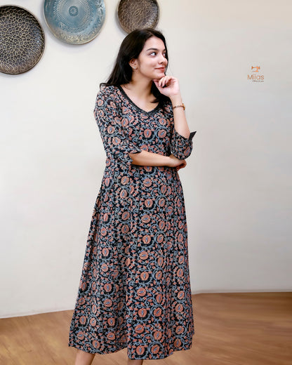 Cotton Ajrakh Kurti | Embroidered | Panel Cut | Black