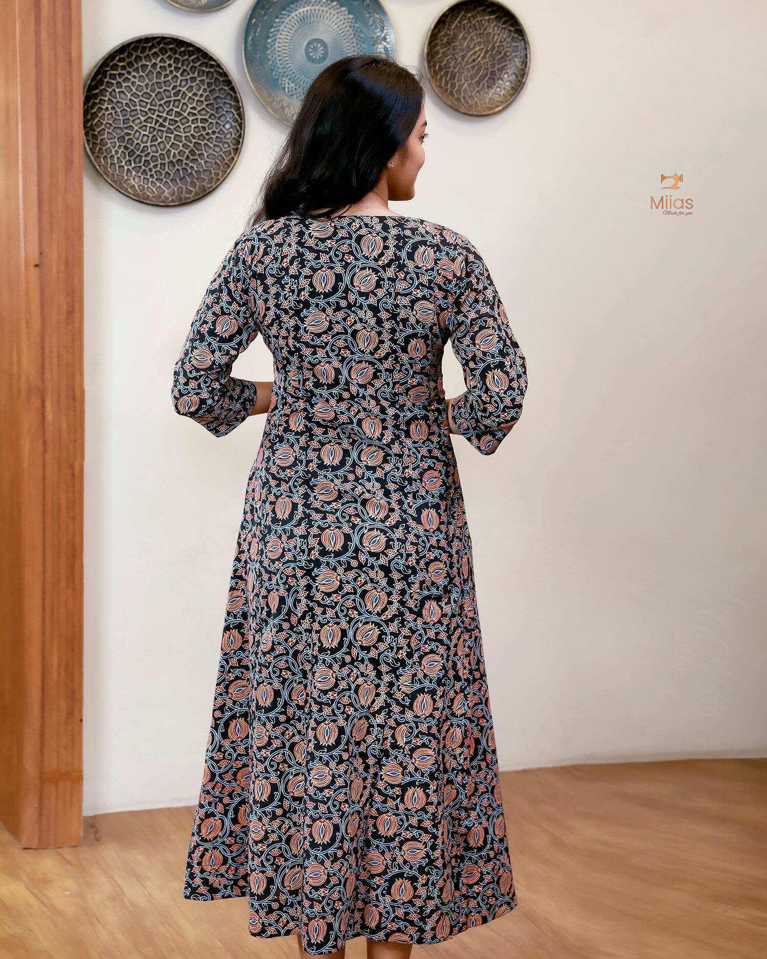 Cotton Ajrakh Kurti | Embroidered | Panel Cut | Black