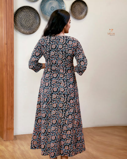 Cotton Ajrakh Kurti | Embroidered | Panel Cut | Black