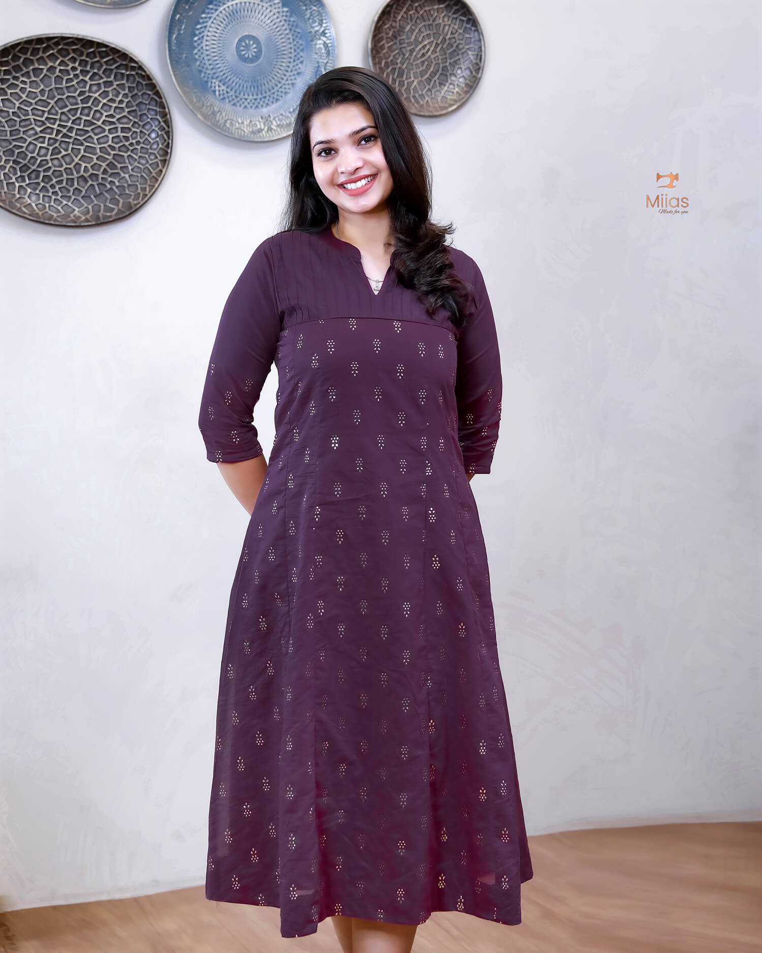 Mul Chanderi Five-Panel Dress Kurti: Gold Mukesh Work-Purple.