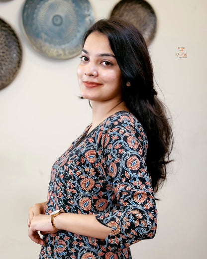Cotton Ajrakh Kurti | Embroidered | Panel Cut | Black