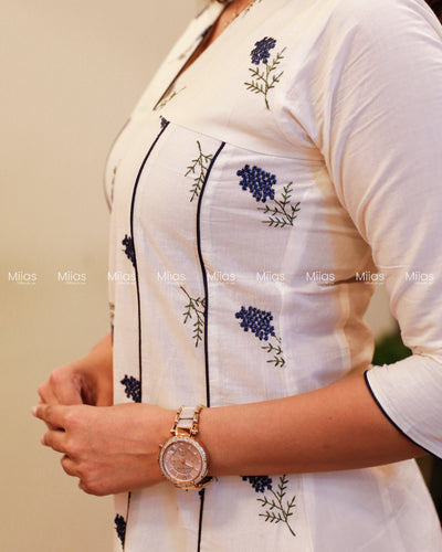 Kora Cotton 5-Panel Kurti | Embroidered + Contrast Piping | Off-white with Blue