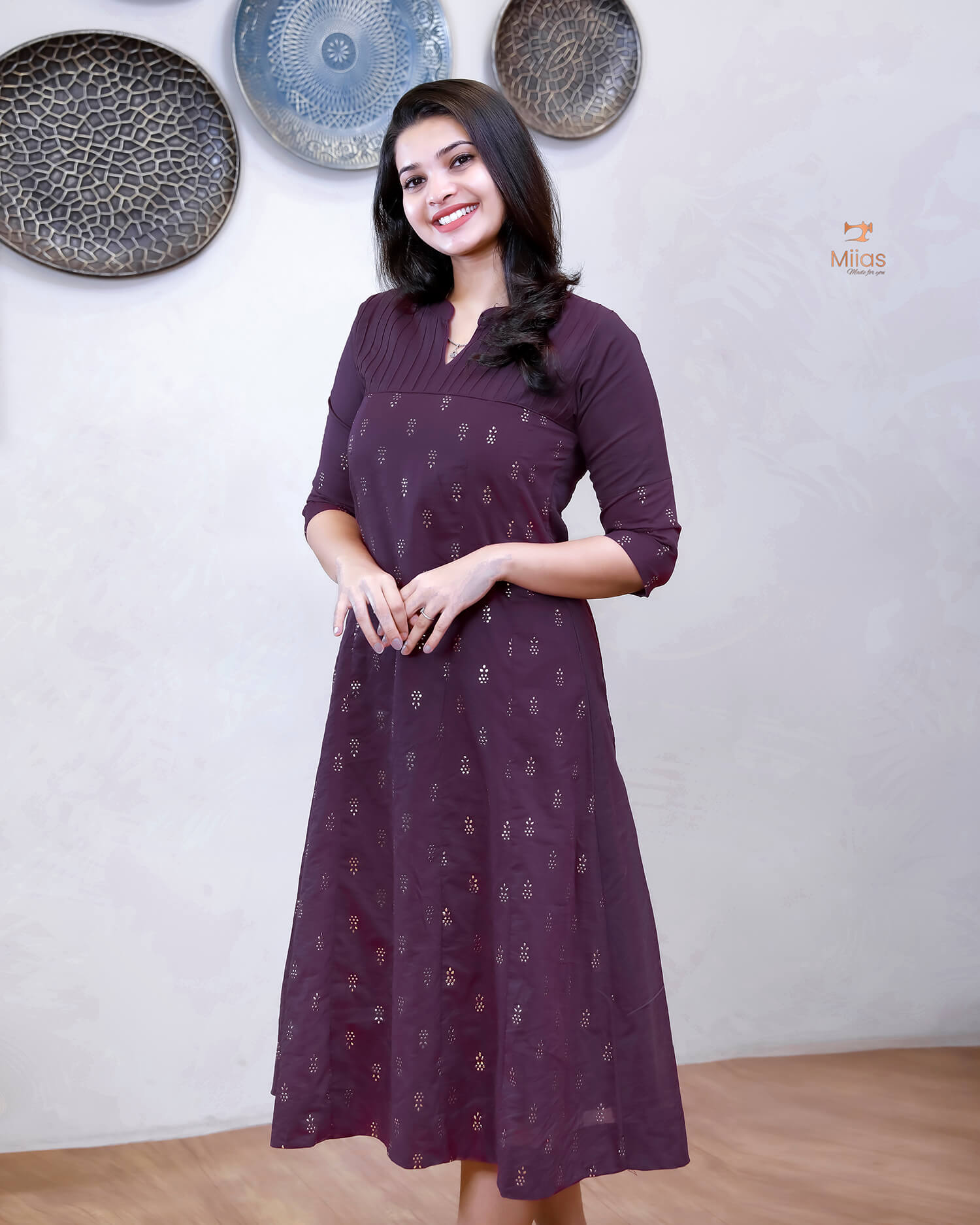 Mul Chanderi Five-Panel Dress Kurti: Gold Mukesh Work-Purple.
