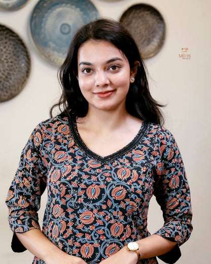 Cotton Ajrakh Kurti | Embroidered | Panel Cut | Black