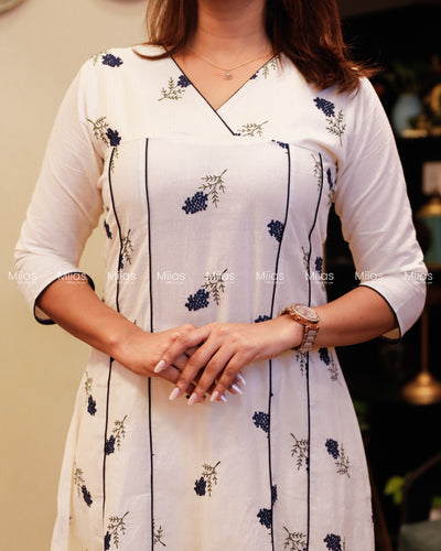 Kora Cotton 5-Panel Kurti | Embroidered + Contrast Piping | Off-white with Blue