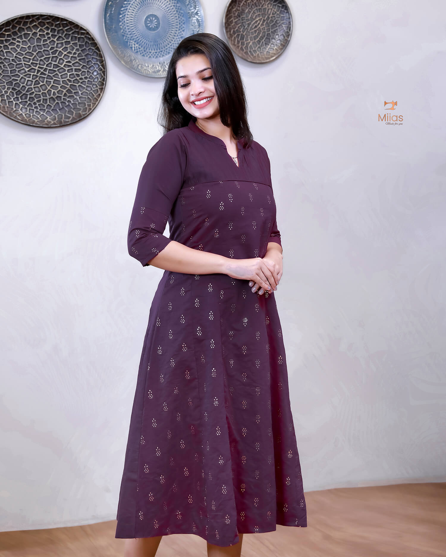 Mul Chanderi Five-Panel Dress Kurti: Gold Mukesh Work-Purple.