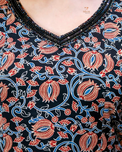 Cotton Ajrakh Kurti | Embroidered | Panel Cut | Black