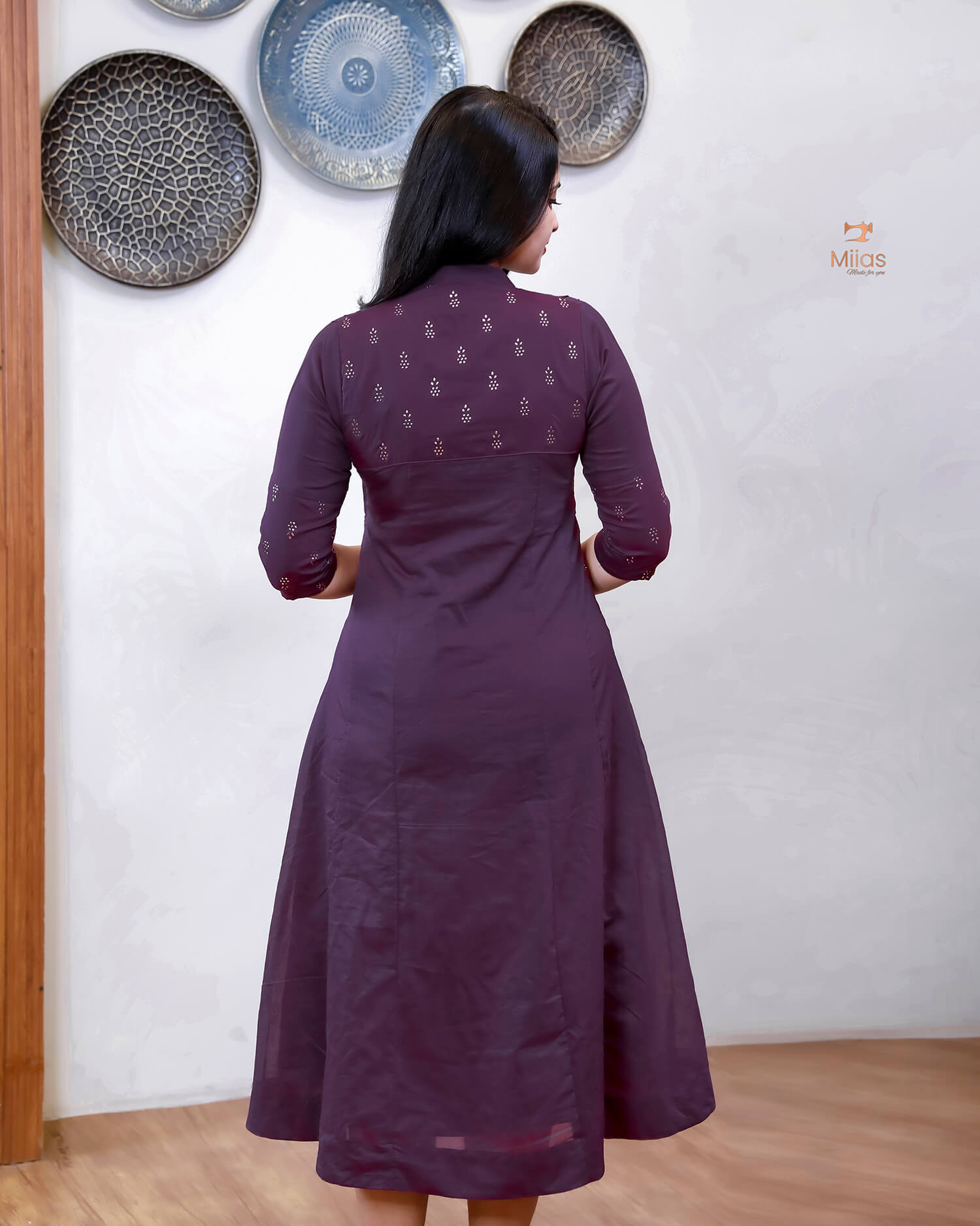 Mul Chanderi Five-Panel Dress Kurti: Gold Mukesh Work-Purple.