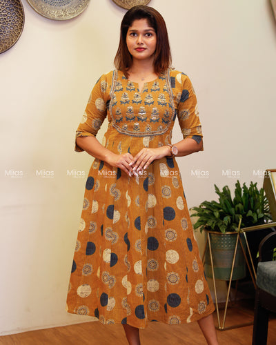 Ajrakh Kantha Cotton Kurti | Beaded U-Neck + Slit Sleeves | Mango Yellow