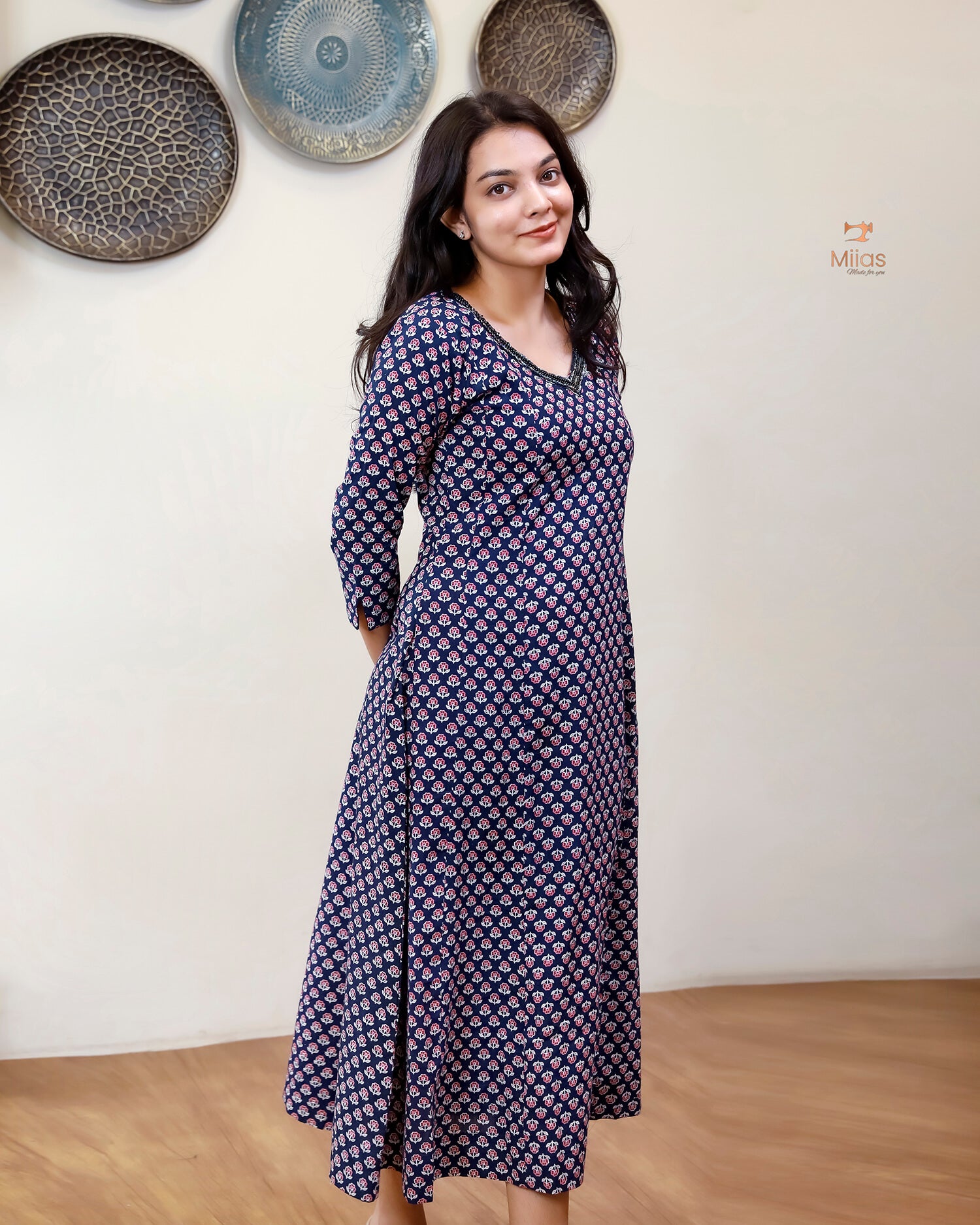 Cotton Ajrakh Kurti | Embroidered | Panel Cut | Blue