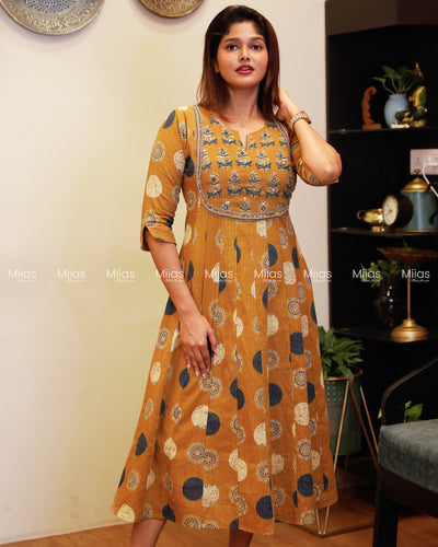 Ajrakh Kantha Cotton Kurti | Beaded U-Neck + Slit Sleeves | Mango Yellow