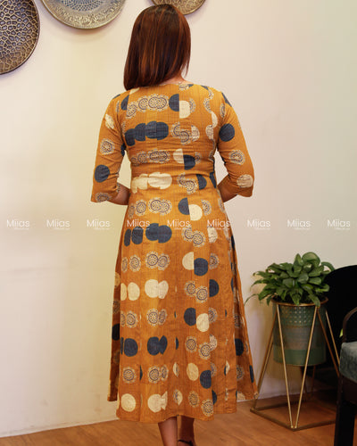 Ajrakh Kantha Cotton Kurti | Beaded U-Neck + Slit Sleeves | Mango Yellow