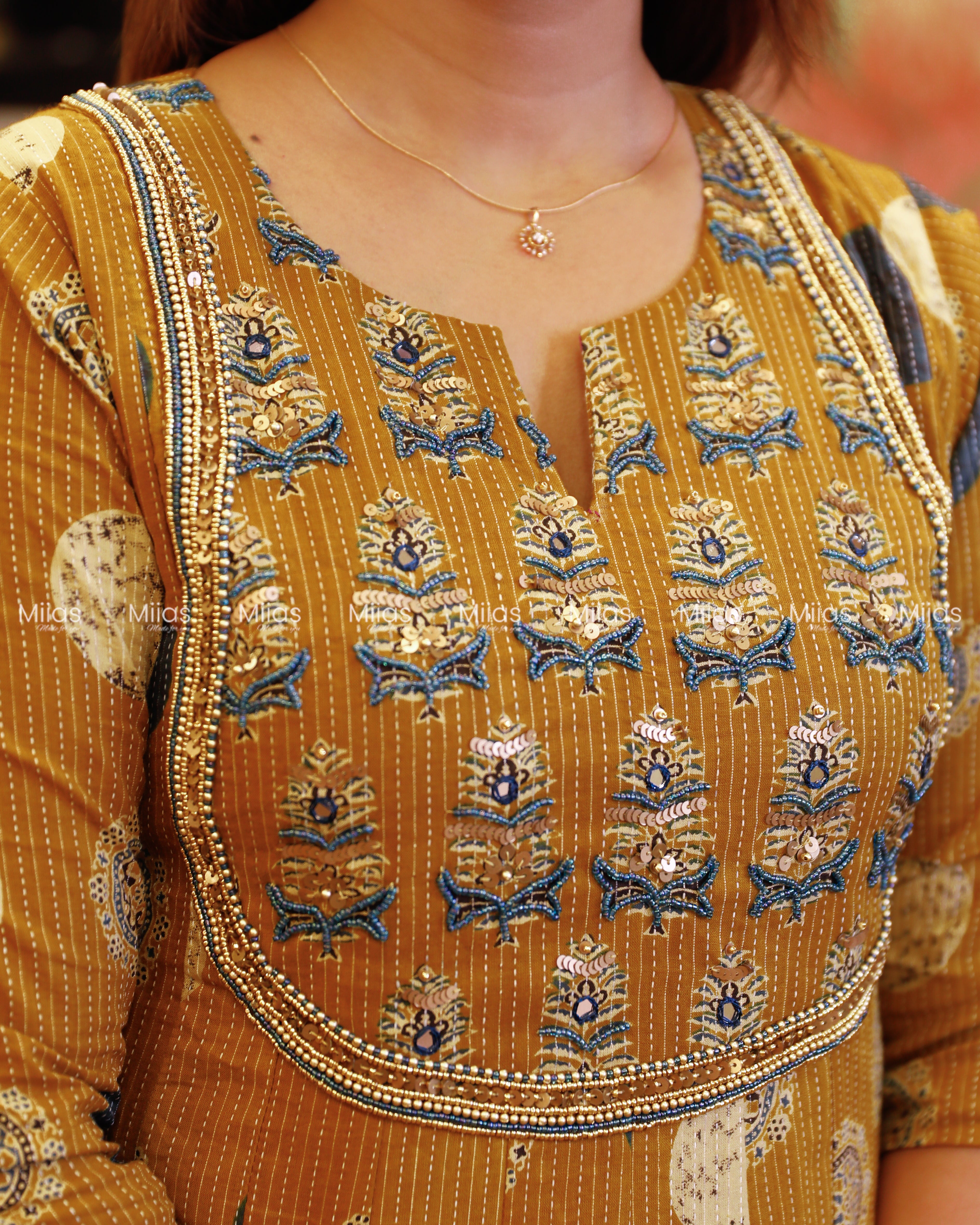 Ajrakh Kantha Cotton Kurti | Beaded U-Neck + Slit Sleeves | Mango Yellow