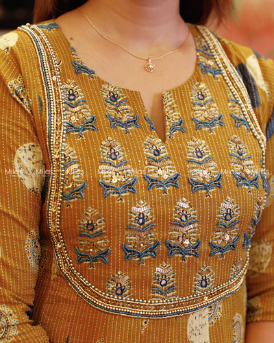 Ajrakh Kantha Cotton Kurti | Beaded U-Neck + Slit Sleeves | Mango Yellow