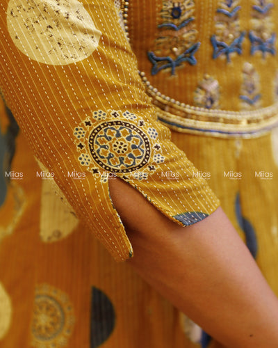 Ajrakh Kantha Cotton Kurti | Beaded U-Neck + Slit Sleeves | Mango Yellow