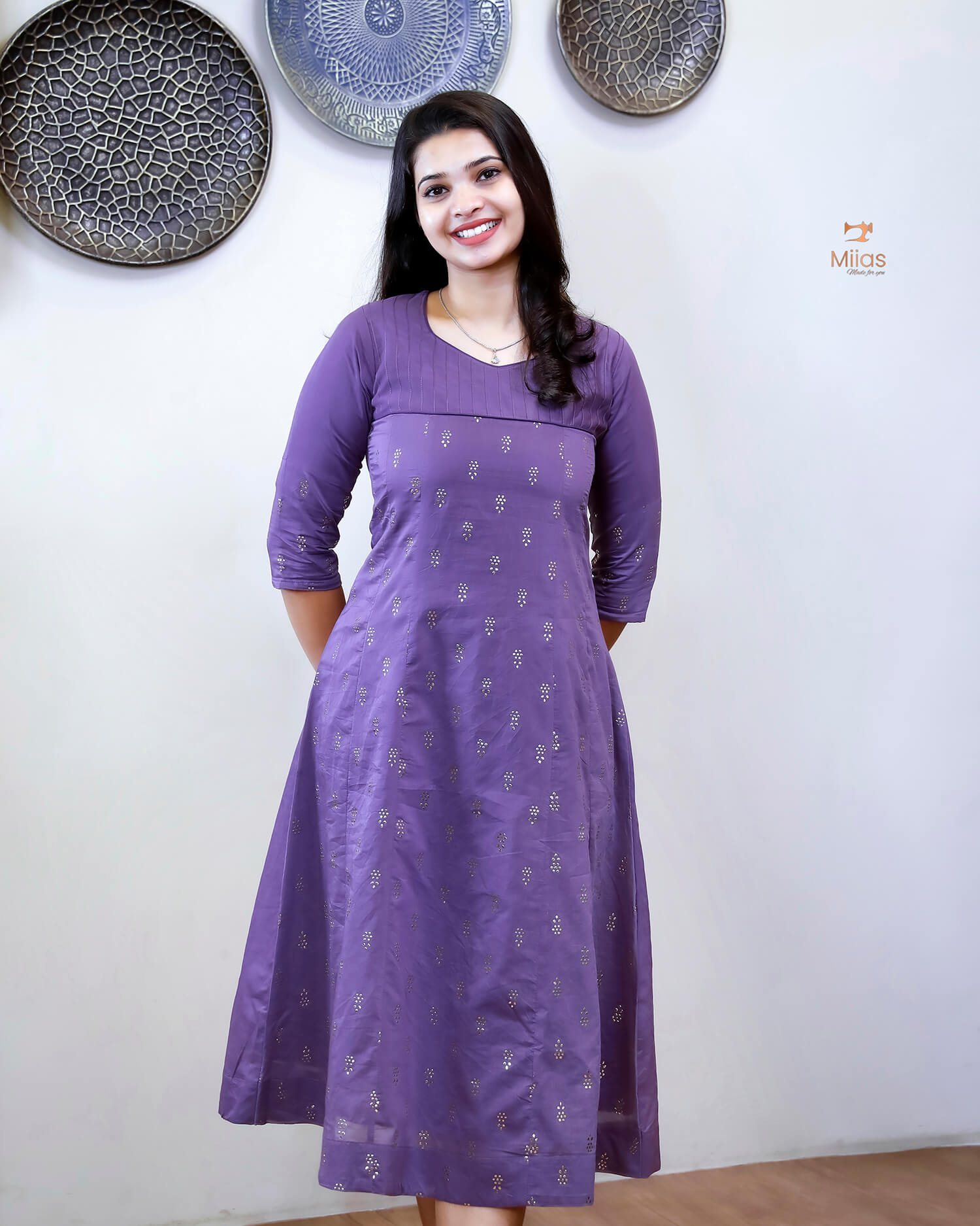 Mul Chanderi Five-Panel Dress Kurti: Golden Mukesh Work-Violet.