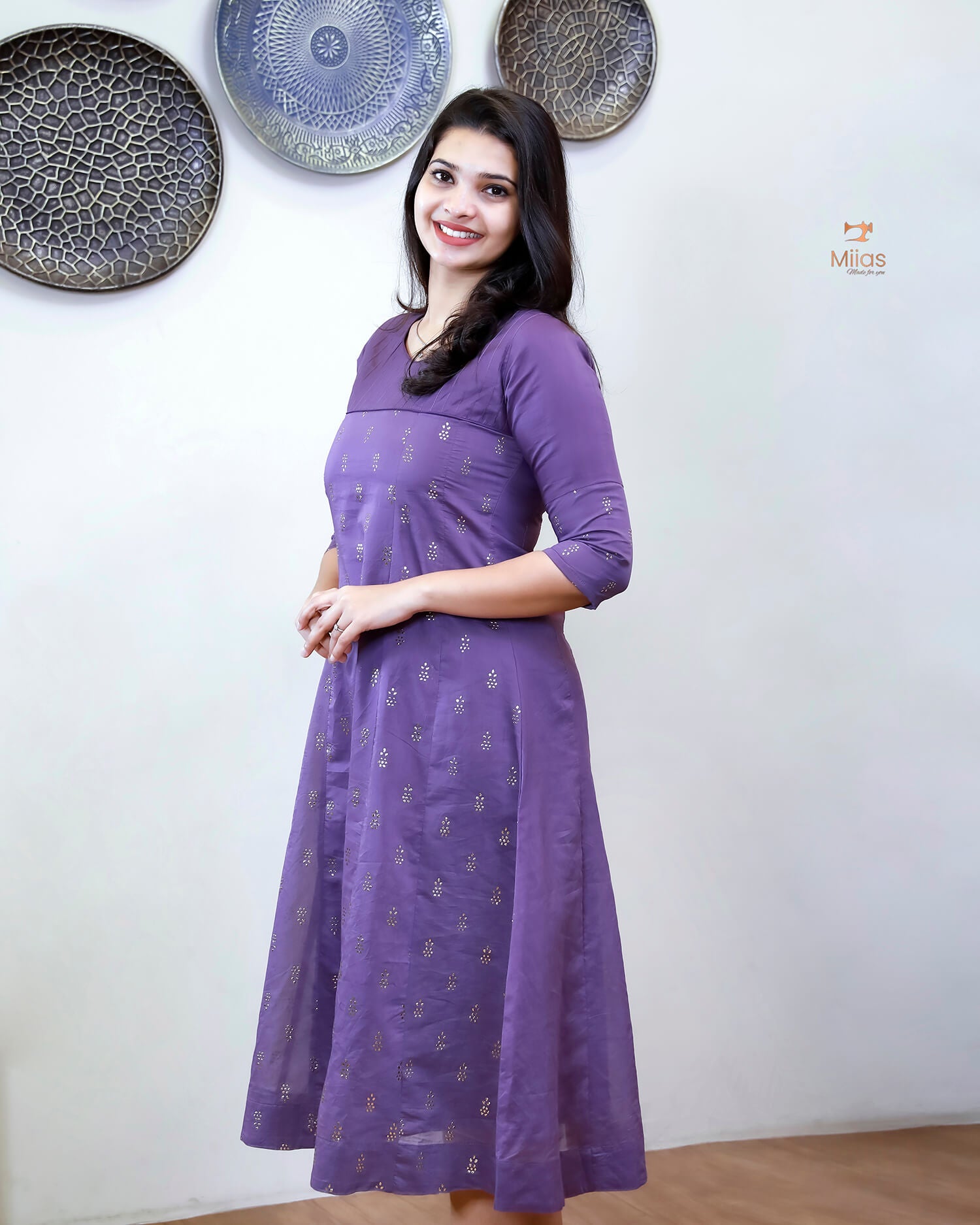 Mul Chanderi Five-Panel Dress Kurti: Golden Mukesh Work-Violet.