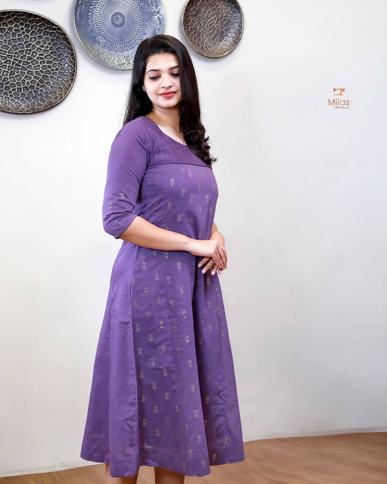 Mul Chanderi Five-Panel Dress Kurti: Golden Mukesh Work-Violet.