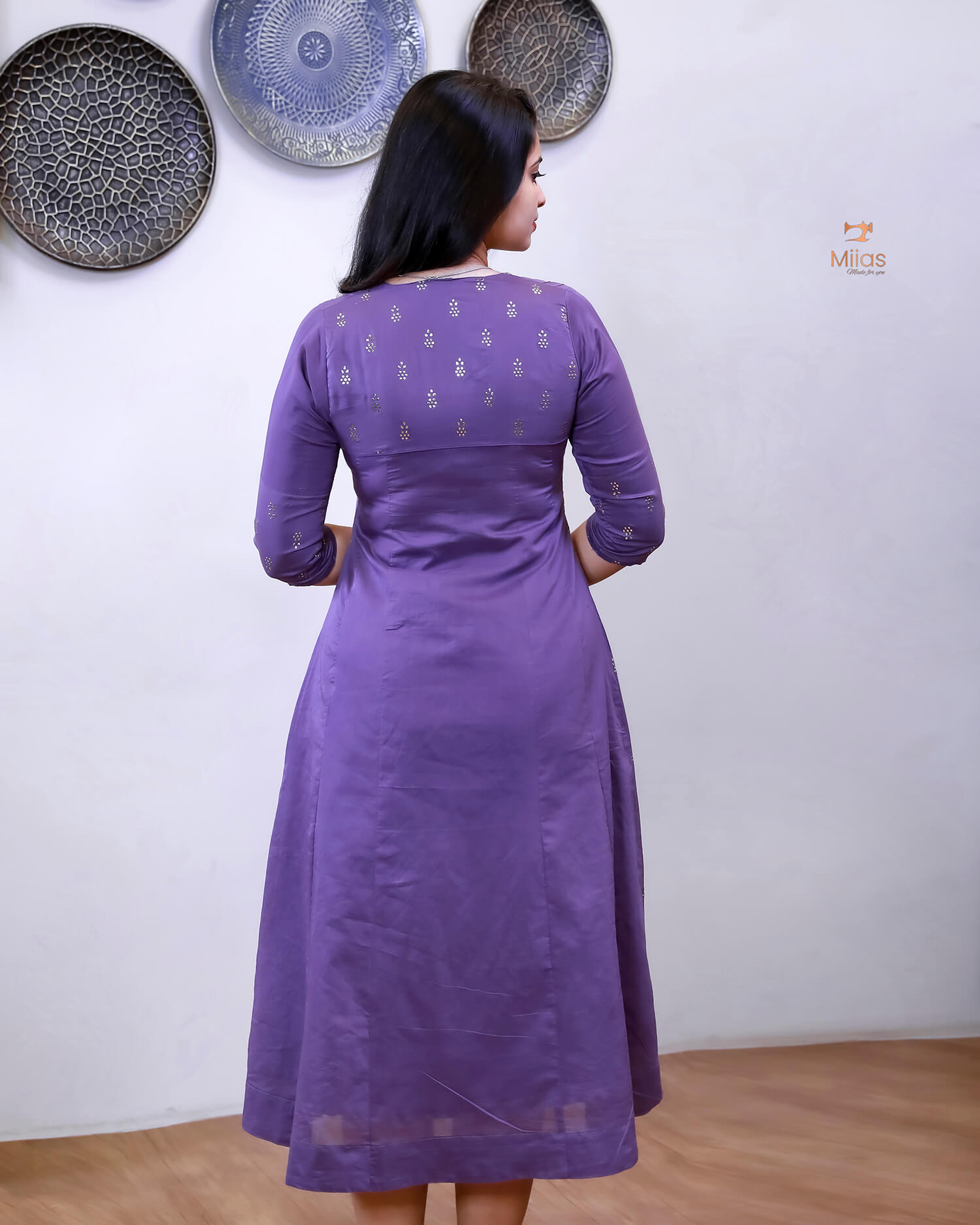 Mul Chanderi Five-Panel Dress Kurti: Golden Mukesh Work-Violet.