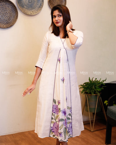 Kora Cotton 3-Panel Dress Kurti | Embroidered + Pleats | Off-White