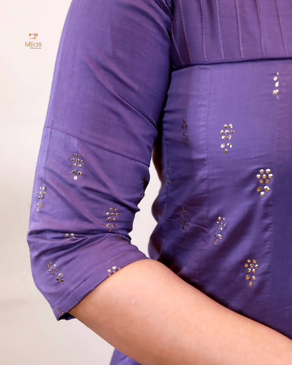 Mul Chanderi Five-Panel Dress Kurti: Golden Mukesh Work-Violet.