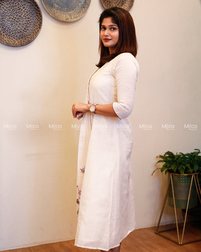 Kora Cotton 3-Panel Dress Kurti | Embroidered + Pleats | Off-White