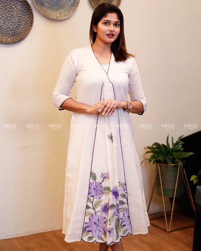 Kora Cotton 3-Panel Dress Kurti | Embroidered + Pleats | Off-White