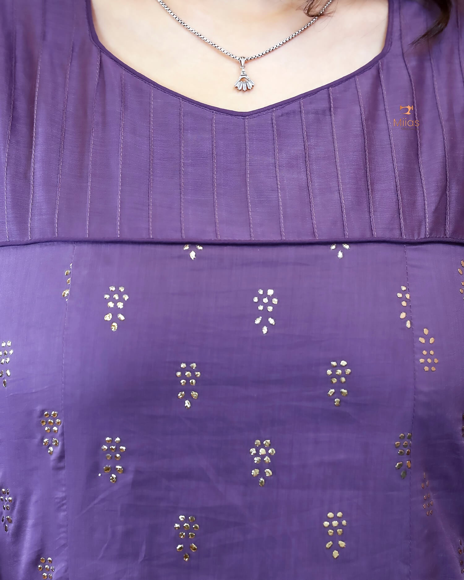Mul Chanderi Five-Panel Dress Kurti: Golden Mukesh Work-Violet.