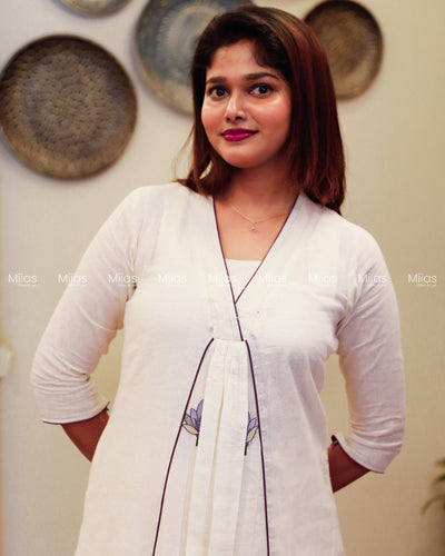 Kora Cotton 3-Panel Dress Kurti | Embroidered + Pleats | Off-White