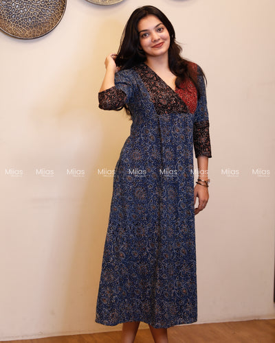Ajrakh Hakoba Dress Kurti | 3-Color + Pleats + Contrast Border | Blue