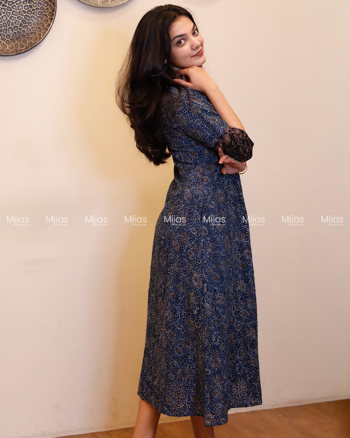 Ajrakh Hakoba Dress Kurti | 3-Color + Pleats + Contrast Border | Blue