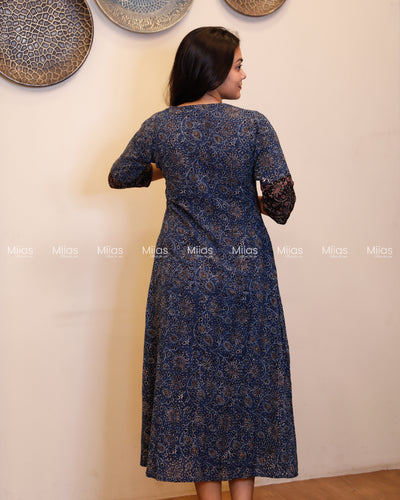 Ajrakh Hakoba Dress Kurti | 3-Color + Pleats + Contrast Border | Blue
