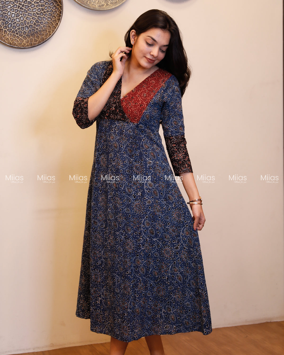 Ajrakh Hakoba Dress Kurti | 3-Color + Pleats + Contrast Border | Blue