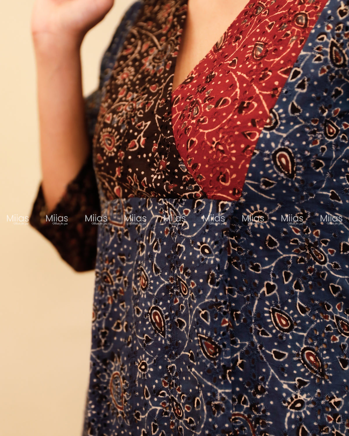 Ajrakh Hakoba Dress Kurti | 3-Color + Pleats + Contrast Border | Blue