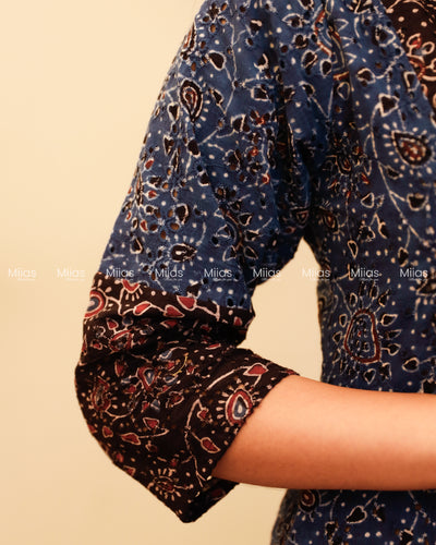Ajrakh Hakoba Dress Kurti | 3-Color + Pleats + Contrast Border | Blue