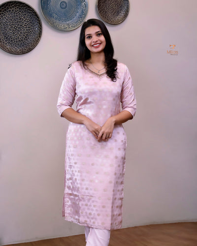 Tissue Jacquard Co-ord Set: Printed Top & Matching Crepe Bottoms-Pastel Pink.
