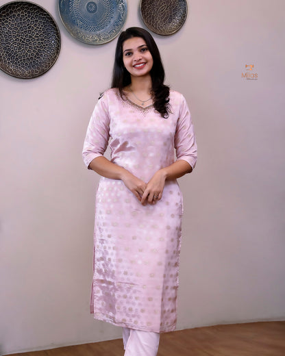 Tissue Jacquard Co-ord Set: Printed Top & Matching Crepe Bottoms-Pastel Pink.