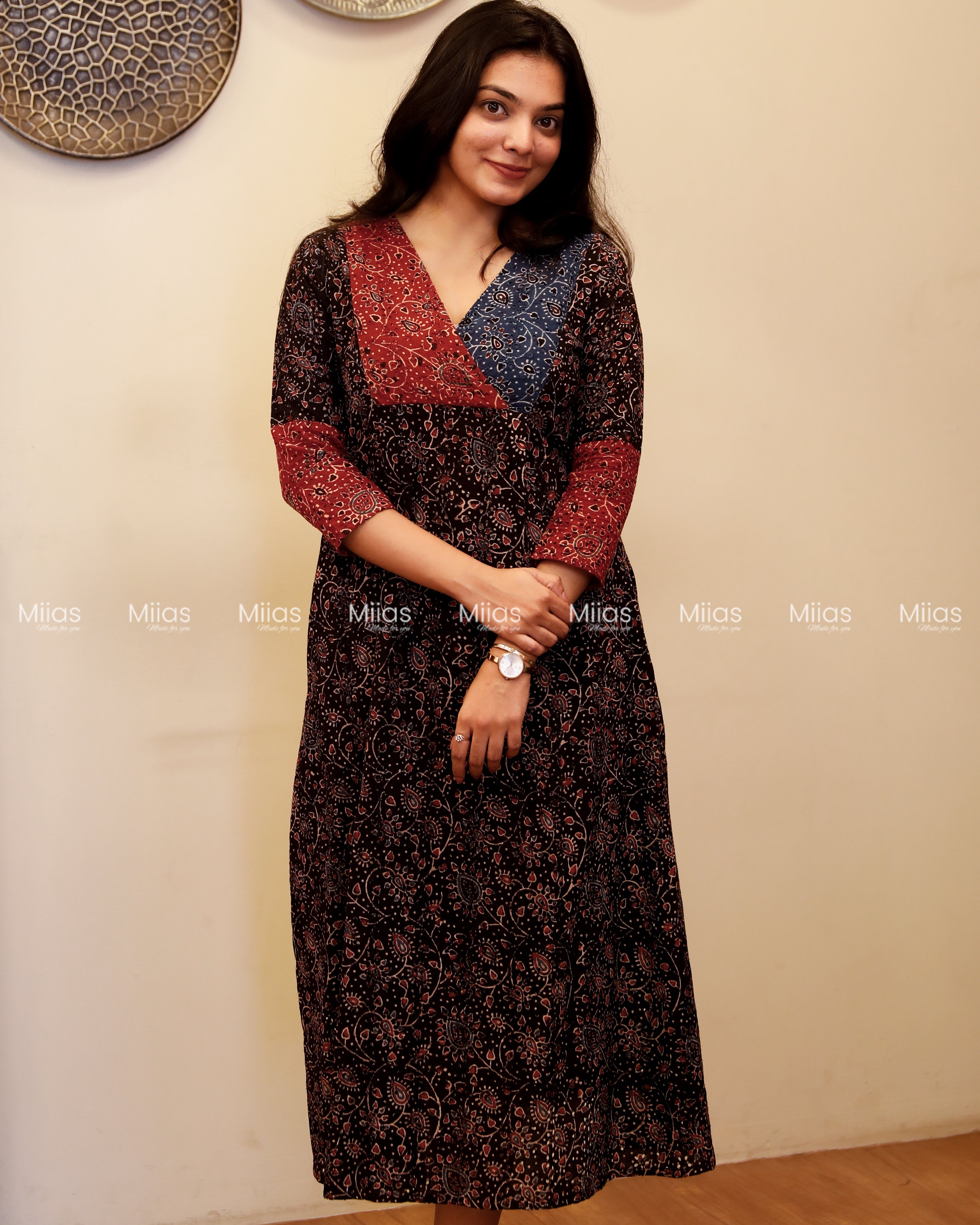 Ajrakh Hakoba Dress Kurti | 3-Color + Pleats + Contrast Border | Black