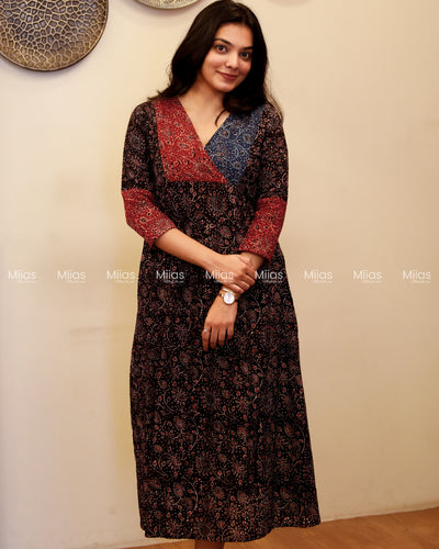 Ajrakh Hakoba Dress Kurti | 3-Color + Pleats + Contrast Border | Black