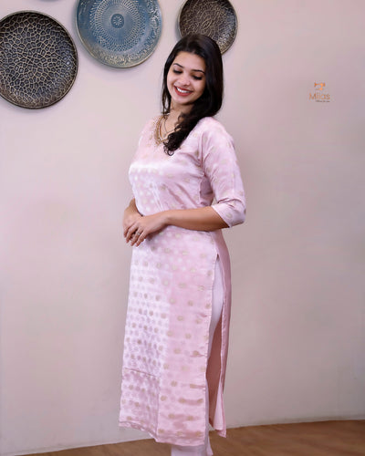 Tissue Jacquard Co-ord Set: Printed Top & Matching Crepe Bottoms-Pastel Pink.