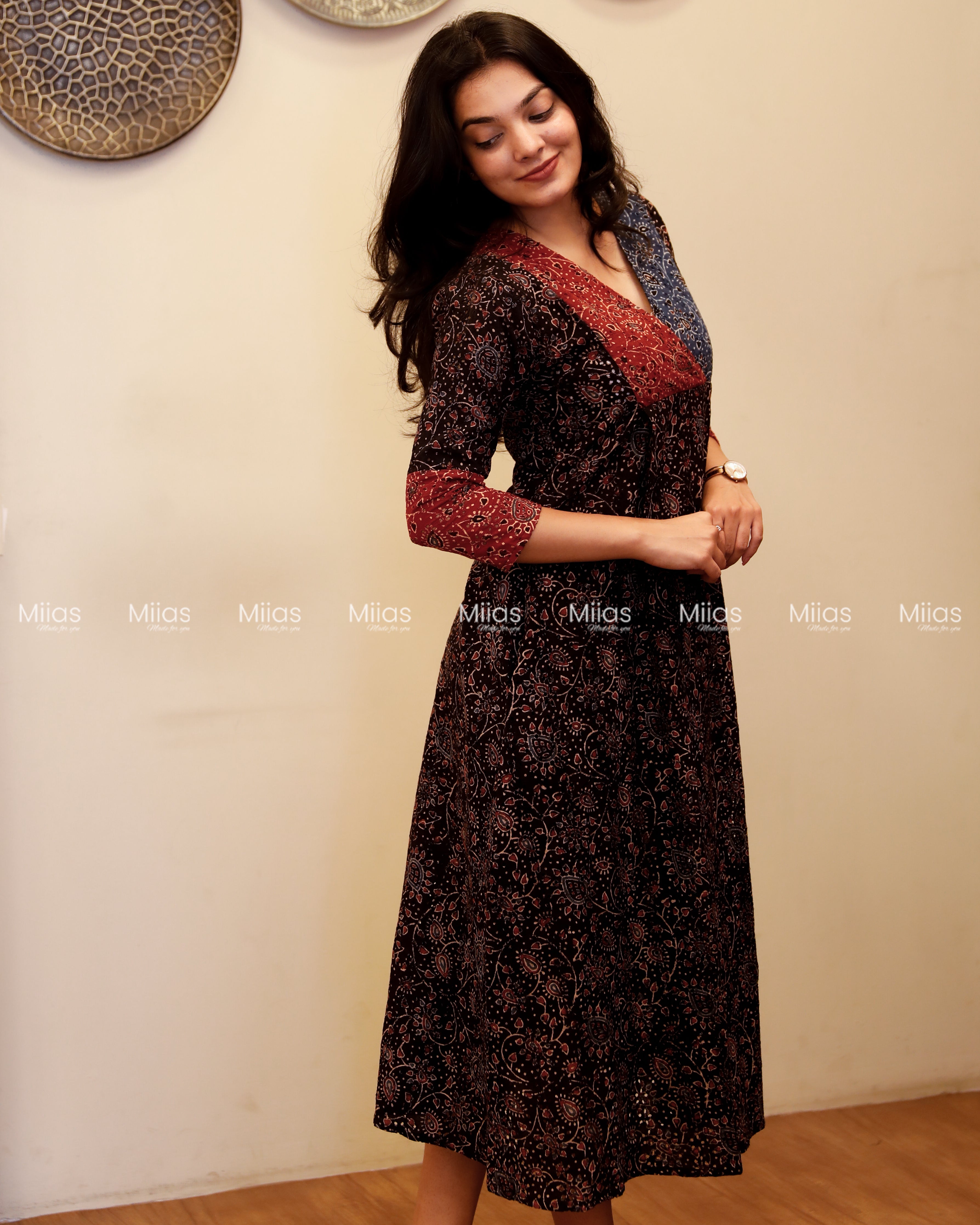Ajrakh Hakoba Dress Kurti | 3-Color + Pleats + Contrast Border | Black