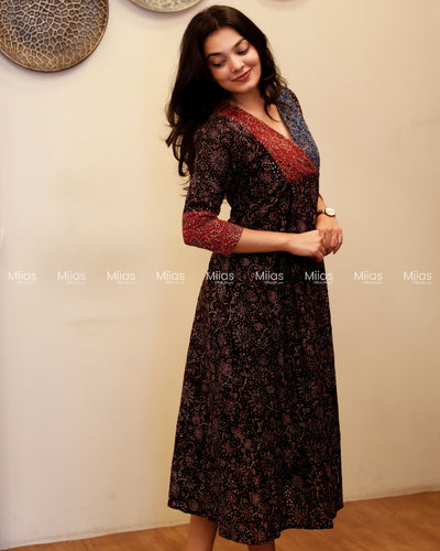Ajrakh Hakoba Dress Kurti | 3-Color + Pleats + Contrast Border | Black