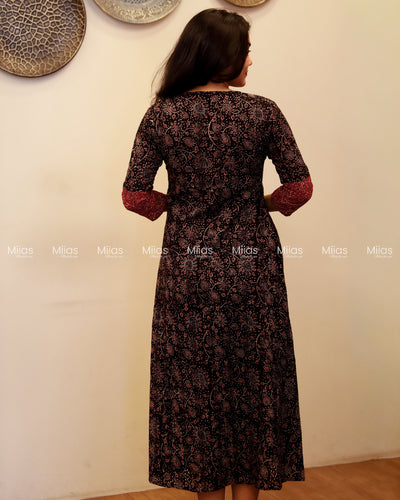 Ajrakh Hakoba Dress Kurti | 3-Color + Pleats + Contrast Border | Black