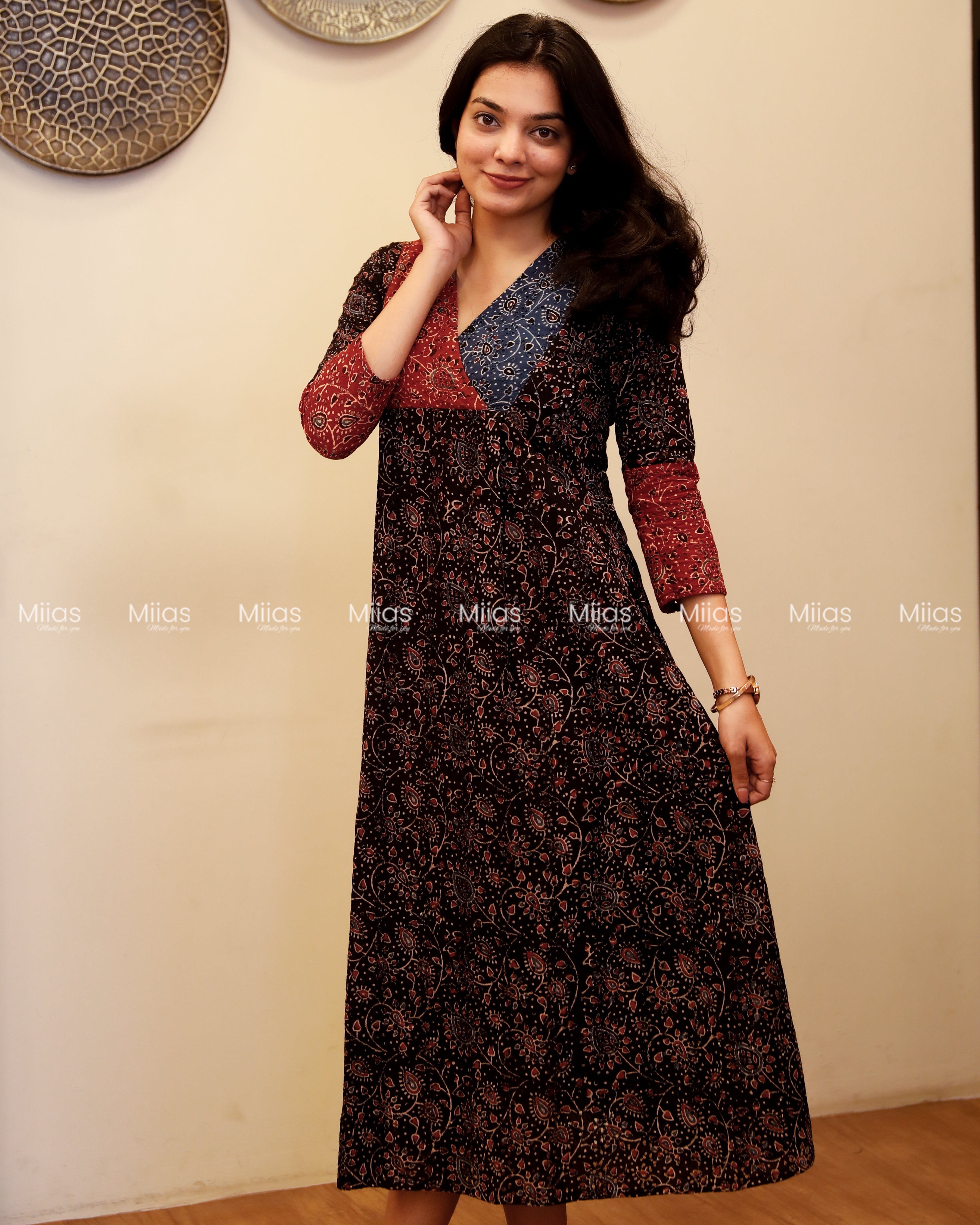 Ajrakh Hakoba Dress Kurti | 3-Color + Pleats + Contrast Border | Black