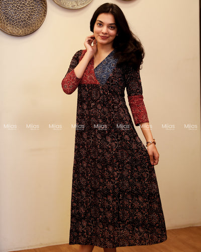 Ajrakh Hakoba Dress Kurti | 3-Color + Pleats + Contrast Border | Black